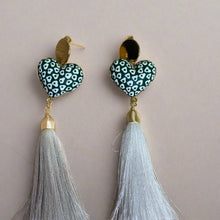 Load image into Gallery viewer, Handpainted Heart Tassel Earrings- Forest Green and White
