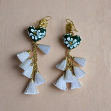 Load image into Gallery viewer, Handpainted Heart Tassel Earrings- Forest Green and White
