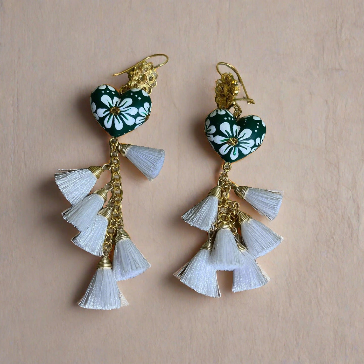 Handpainted Heart Tassel Earrings- Forest Green and White